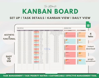 May include: A colorful Kanban board template for task management. The template includes sections for task details, Kanban view, and daily view. The template is designed to be aesthetic and functional, with a clean and modern design. The template is customizable and can be used for a variety of tasks.