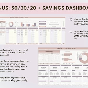 K&ouml;nnte beinhalten: Ein druckbarer Budgetplaner mit einem rosa-wei&szlig;en Farbschema. Der Planer enth&auml;lt ein Spar-Dashboard, einen Abschnitt zur Budgetverbesserung und einen Transaktionskalender. Der Planer soll Menschen helfen, die 50/30/20-Regel f&uuml;r die Budgetierung anzuwenden.