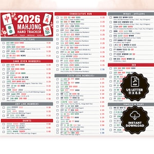 May include: A 2026 Mahjong hand tracker score sheet printed on an 11 x 8.5 inch US letter size document. The white sheet features red headers, black text, and checkboxes for tracking game hands, including categories like 2026, 2468, and 369.