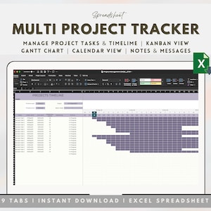 Multi Project Tracker Excel, projectbeheertool, productiviteitsplanning, kanbanweergave, Gantt-diagram, taaktracker, taken, Google Spreadsheets