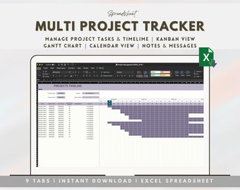 Multi Project Tracker Excel, Project Management Tool, Productivity Planning, Kanban View, Gantt Chart, Task Tracker, To Do, Google Sheets
