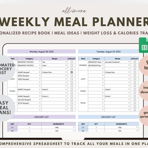 Meal Planner Google Spreadsheet Weekly Automated Family Grocery Shopping List Food Prep Book Weight Loss Calorie Tracker Pantry Inventory