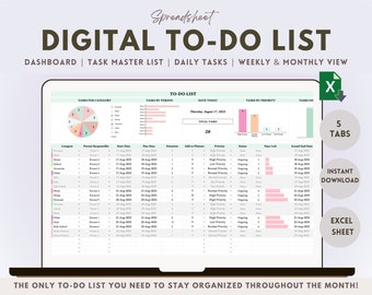 Digital To Do List Excel Spreadsheet Task Tracker Google Sheet Task Manager Daily Weekly Monthly Planner Project Management Priority Matrix