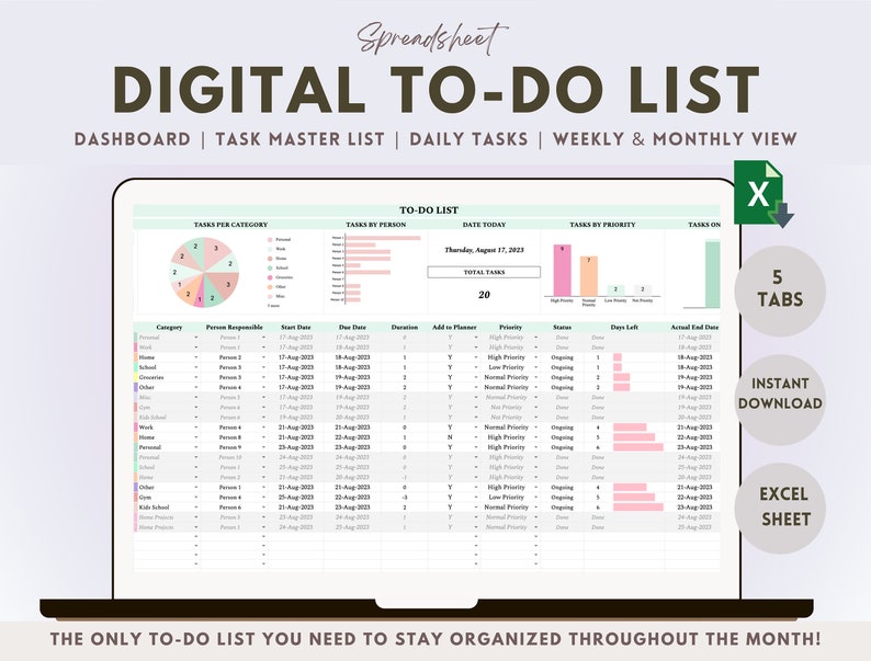 Digital to Do List Excel Spreadsheet Task Tracker Google Sheet Task ...