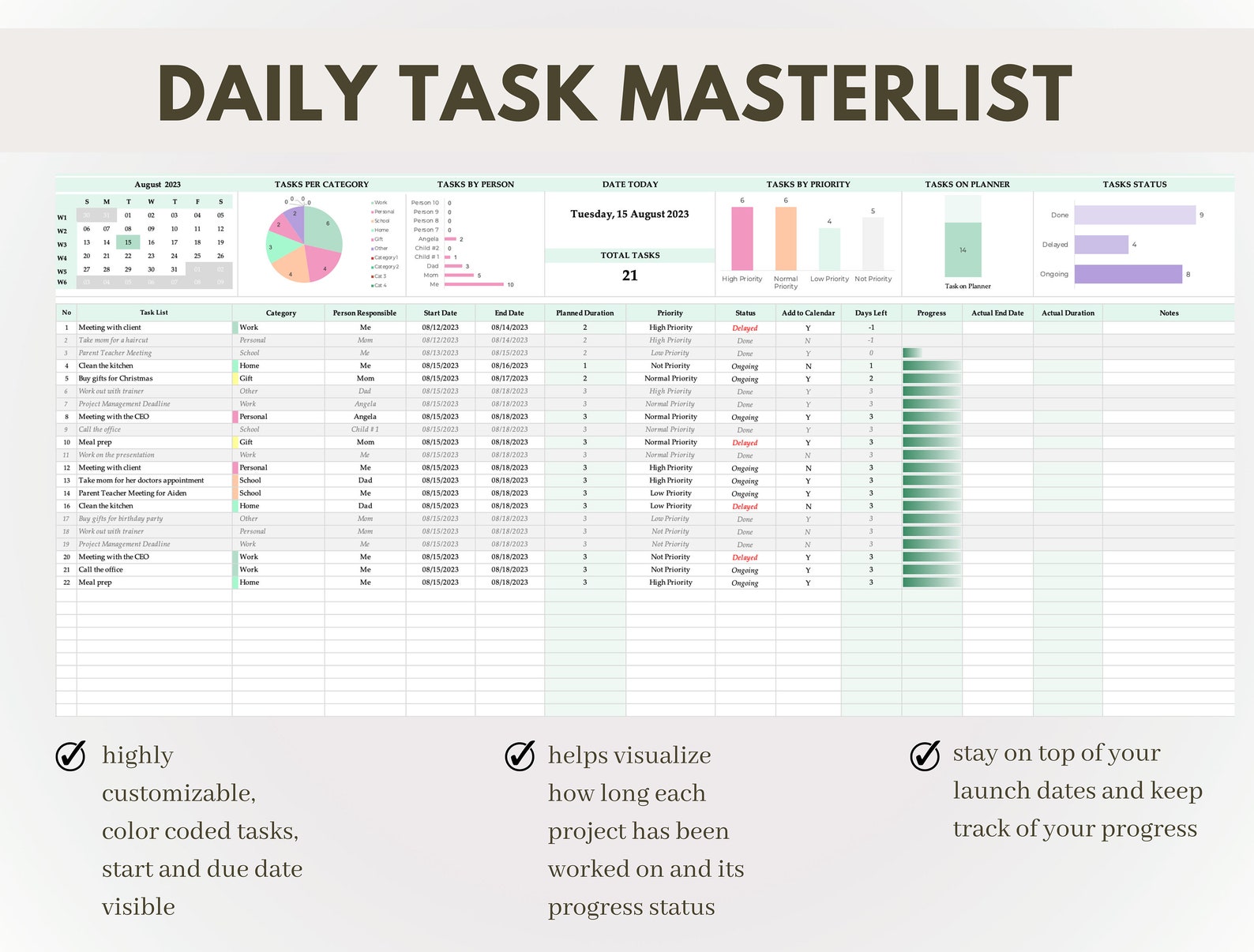 Task Tracker Excel Planner to Do List Spreadsheet Google Sheet Task ...