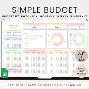 Könnte beinhalten: Eine digitale Budgetplaner-Vorlage, die auf einem Laptop-Bildschirm angezeigt wird. Die Vorlage enthält Abschnitte für Einnahmen, Ausgaben und Ersparnisse, mit dem Text "SIMPLE BUDGET" oben. Der Bildschirm zeigt Diagramme und Tabellen.