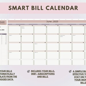 K&ouml;nnte beinhalten: Ein druckbarer Kalender in einem rosa und beigen Farbschema. Der Kalender tr&auml;gt den Titel "Smart Bill Calendar" und ist f&uuml;r Juni 2023. Der Kalender enth&auml;lt einen Bereich f&uuml;r Rechnungen, Schulden und Abonnements. Der Text "Ihre Rechnungen werden automatisch aus den protokollierten Daten gef&uuml;llt" befindet sich unten links im Kalender. Der Text "Enth&auml;lt Ihre Rechnungen, Schulden, Abonnements und Rechnungen" befindet sich unten in der Mitte des Kalenders. Der Text "Ein einfaches, aber sehr effektives Werkzeug, um den &Uuml;berblick &uuml;ber Ihre monatlichen Rechnungen zu behalten" befindet sich unten rechts im Kalender.