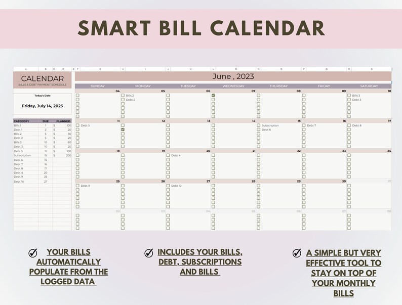 K&ouml;nnte beinhalten: Ein druckbarer Kalender in einem rosa und beigen Farbschema. Der Kalender tr&auml;gt den Titel "Smart Bill Calendar" und ist f&uuml;r Juni 2023. Der Kalender enth&auml;lt einen Bereich f&uuml;r Rechnungen, Schulden und Abonnements. Der Text "Ihre Rechnungen werden automatisch aus den protokollierten Daten gef&uuml;llt" befindet sich unten links im Kalender. Der Text "Enth&auml;lt Ihre Rechnungen, Schulden, Abonnements und Rechnungen" befindet sich unten in der Mitte des Kalenders. Der Text "Ein einfaches, aber sehr effektives Werkzeug, um den &Uuml;berblick &uuml;ber Ihre monatlichen Rechnungen zu behalten" befindet sich unten rechts im Kalender.