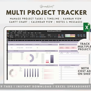 Project Management Template Excel, Project Tracker, Project Planning, Kanban View, Gantt Chart, Task Tracker, To Do, Multi Project Planner