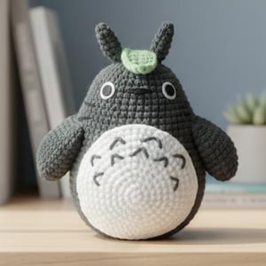 May include: A handmade crochet Totoro plushie. The plushie is primarily dark gray with a white belly and black details. It has large, round eyes, small ears, and a green leaf on its head. The plushie is sitting on a wooden shelf.