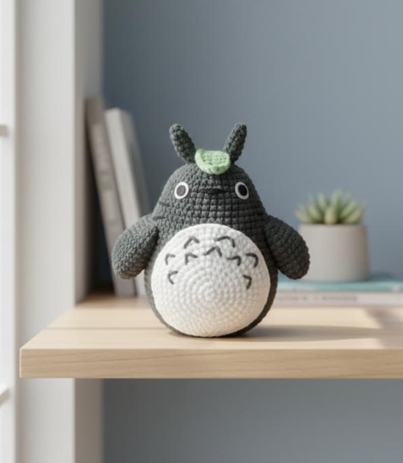 May include: A handmade crochet Totoro plushie. The plushie is primarily dark gray with a white belly and black details. It has large, round eyes, small ears, and a green leaf on its head. The plushie is sitting on a wooden shelf.