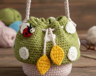 Mushroom Crochet Bag Pattern, Cottagecore Drawstring Pouch PDF, Fairy Garden Mushroom Purse Tutorial, Crochet Pattern for Beginners