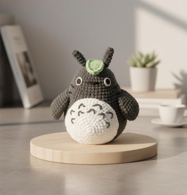 May include: A handmade crochet Totoro plush toy in gray with a white belly and black details. The plush has a green leaf on its head and is displayed on a wooden stand. The toy is approximately 6 inches tall.
