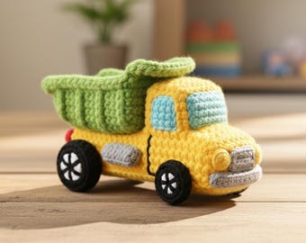 Handmade Crochet Dump Truck Toy - Soft Amigurumi Construction Vehicle - Toddler Sensory Toy - Yellow and Green Nursery Decor - Kids Gift