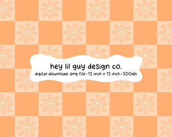 Retro Checkerboard Seamless Pattern Orange Happy Flower Smiley Face Fabric Sublimation Repeating PNG Digital Paper Aesthetic Wallpaper