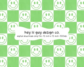 Happy Face Smiley Face Green Checkerboard Seamless Pattern Fabric Sublimation Repeating PNG Digital Paper Aesthetic Wallpaper