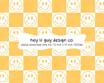 Happy Face Smiley Face Yellow Checkerboard Seamless Pattern Fabric Sublimation Repeating PNG Digital Paper Aesthetic Wallpaper
