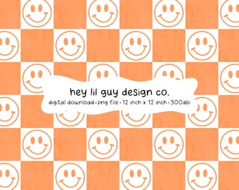 Happy Face Smiley Face Orange Checkerboard Seamless Pattern Fabric Sublimation Repeating PNG Digital Paper Aesthetic Wallpaper