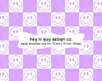 Happy Face Smiley Face Purple Violet Checkerboard Seamless Pattern Fabric Sublimation Repeating PNG Digital Paper Aesthetic Wallpaper