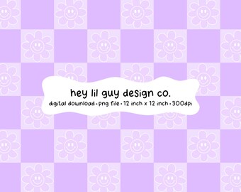 Retro Checkerboard Seamless Pattern Purple Happy Flower Smiley Face Fabric Sublimation Repeating PNG Digital Paper Aesthetic Wallpaper