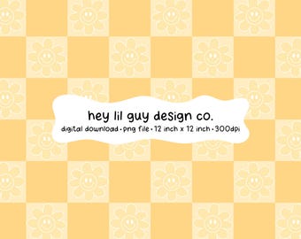 Retro Checkerboard Seamless Pattern Yellow Happy Flower Smiley Face Fabric Sublimation Repeating PNG Digital Paper Aesthetic Wallpaper