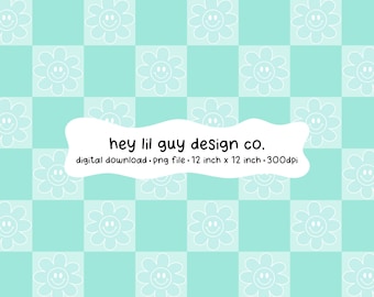 Retro Checkerboard Seamless Pattern Mint Green Happy Flower Smiley Face Fabric Sublimation Repeating PNG Digital Paper Aesthetic Wallpaper