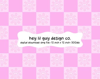 Retro Checkerboard Seamless Pattern Pink Happy Flower Smiley Face Fabric Sublimation Repeating PNG Digital Paper Aesthetic Wallpaper
