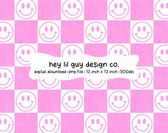 Happy Face Smiley Face Pink Checkerboard Seamless Pattern Fabric Sublimation Repeating PNG Digital Paper Aesthetic Wallpaper