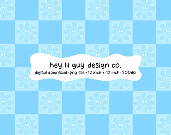 Retro Checkerboard Seamless Pattern Baby Blue Happy Flower Smiley Face Fabric Sublimation Repeating PNG Digital Paper Aesthetic Wallpaper