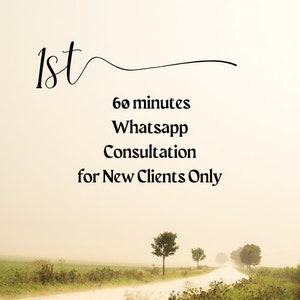 Op de afbeelding: Een tekstafbeelding met de woorden "1st 60 minutes Whatsapp Consultation for New Clients Only" op een lichtbeige achtergrond met een wazig beeld van een weg en bomen op de achtergrond.