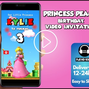 Invitation vidéo Princess Peach, vidéo d’invitation d’anniversaire Princess Peach, invitation vidéo d’anniversaire Super Mario Princess, évitement numérique