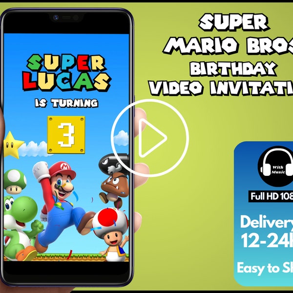 Invito video di Super Mario Bros, Invito video di compleanno di Super Mario, Invito video per bambini di Mario Bros, Invito digitale personalizzato di Mario