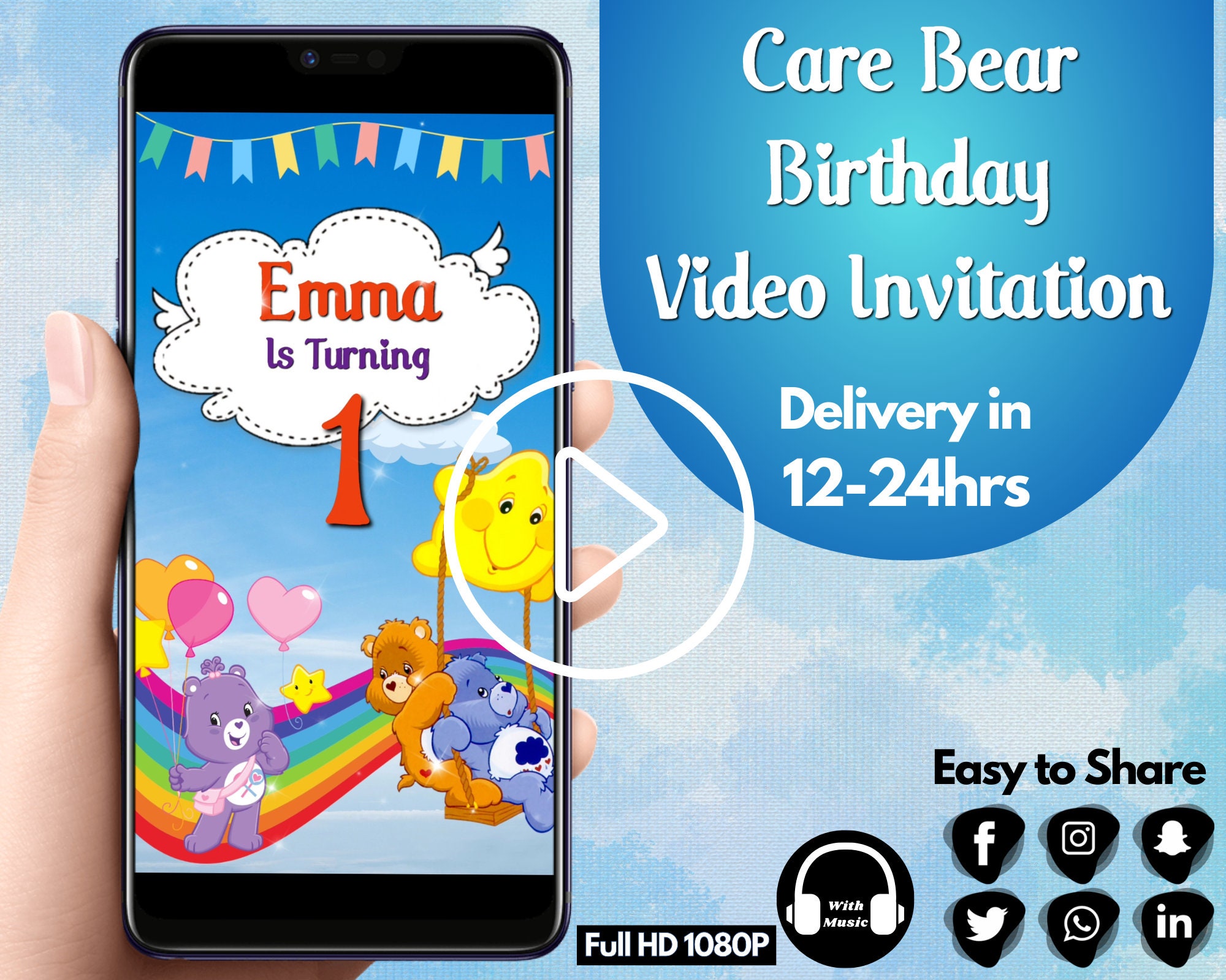Care Bear Video Invitation Care Bear Birthday Invitation Video carebear digital video invite personalised evite digital evite