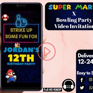 Super Mario x Bowling Birthday Video Invitation, Mario bowling Theme video invitation, digital evite, Personalised video invitation