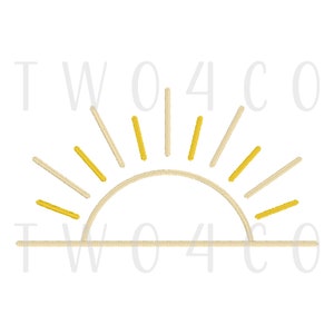 Peut inclure: Une illustration simple d'un soleil jaune se levant au-dessus d'une ligne horizontale. Le soleil est représenté par un demi-cercle et des rayons jaunes.