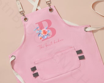 Floral Initial Apron - personalised mother's day apron , gift for mum , custom monogrammed apron , kid's name apron , cute pink apron