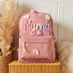 Sac à dos rose pour enfant avec nom - Sac à dos personnalisé en velours pour tout-petit, sac à dos de rangement pour la rentrée des classes, sac à dos préscolaire, cartable pour tout-petit