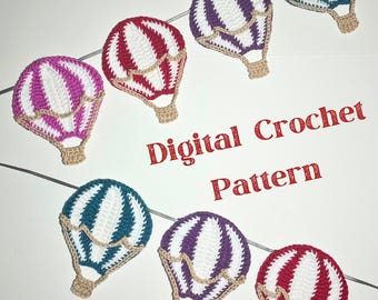 May include: A digital crochet pattern for making hot air balloons. The pattern includes seven different color combinations: pink and white, red and white, purple and white, teal and white, and three different variations of red, white, and purple.