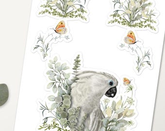 Watercolor Cockatoo Sticker Sheet: Floral Foliage Umbrella Design