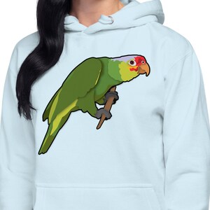 Sudadera unisex con capucha de loro amazónico de dibujos animados de cabeza roja