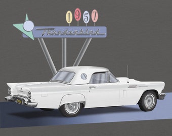 1957 Ford Thunderbird Illustration in White Unisex t-shirt