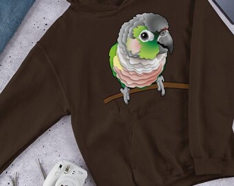 Super Cute Green Check Conure Green Opal Yellow Side Parrot Illustration Unisex Hoodie Print Both Sides