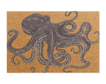 Nautical Octopus Doormat | Coir Entrance Rug, Coastal Home Decor
