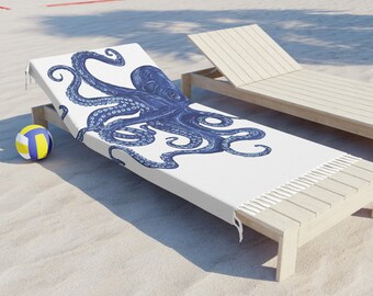 Blue Octopus Illustration Beach Towel | Boho Coastal Decor