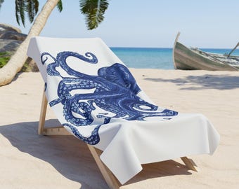 Indigo Blue Octopus Illustration Beach Towel | Marine Animal Nautical