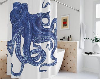 Ocean Blue Octopus Illustration Shower Curtain | Marine Sea Creature Bathroom Decor
