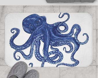 Blue Octopus Bath Mat | Nautical Sea Creature Ocean Decor