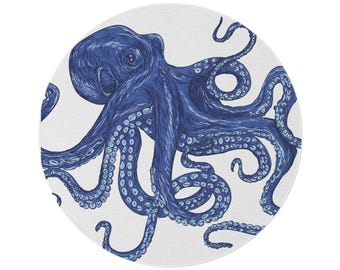 Blue Octopus Nautical Round Rug | Marine Coastal Decor