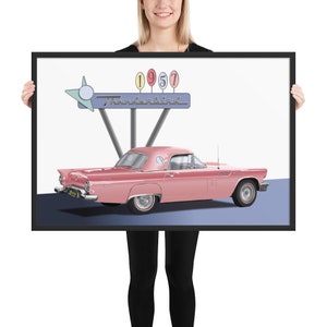 Vintage 1957 Ford Thunderbird with Classic Sign Drawn Art Print Framed poster