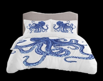 Blue Octopus Illustration Quilt Cover Set of Three | Duvet Cover and Pillow Covers